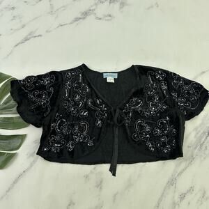 Marineblu Womens Vintage Y2k Beaded Velvet Shrug Crop Top Size M Black Sequins